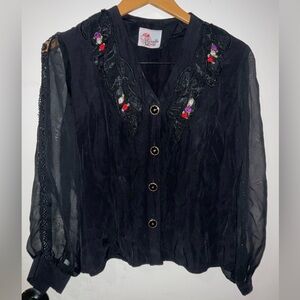 Jennifer women’s Black Sheer Blouse with Embroidered Details